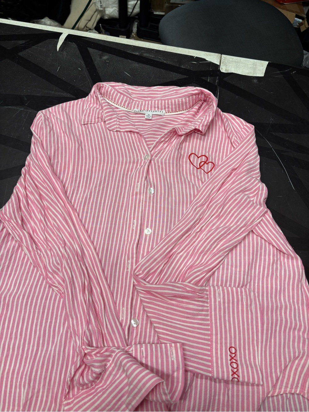 Jane + Delancey Pink and White Striped Button-Down Shirt with Heart Accent b209